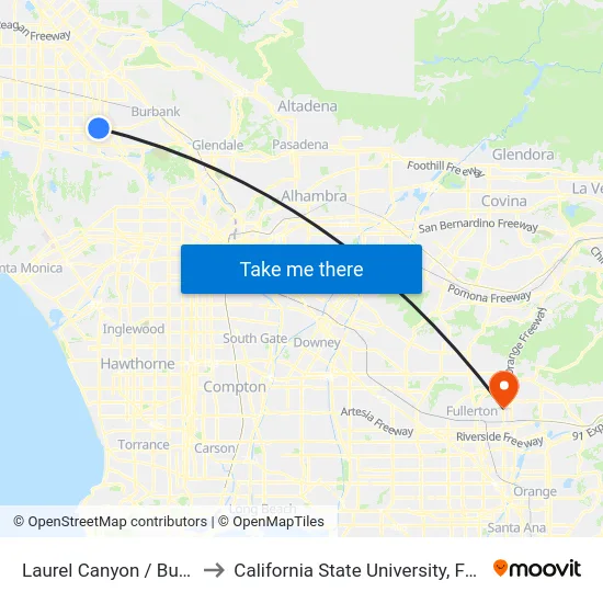 Laurel Canyon / Burbank to California State University, Fullerton map