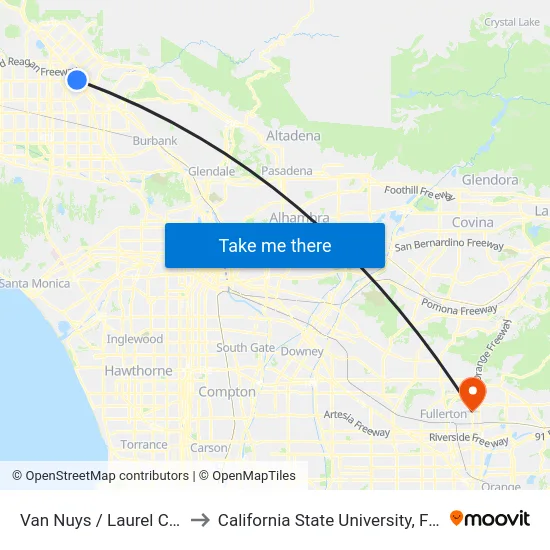 Van Nuys / Laurel Canyon to California State University, Fullerton map