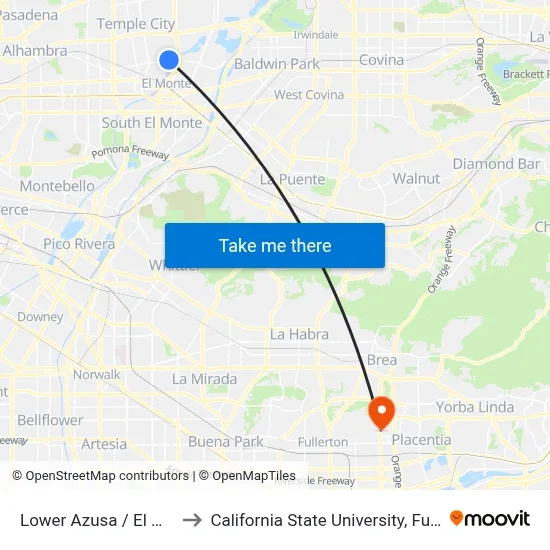Lower Azusa / El Monte to California State University, Fullerton map