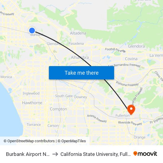 Burbank Airport North to California State University, Fullerton map