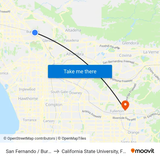 San Fernando / Burbank to California State University, Fullerton map