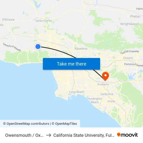 Owensmouth / Oxnard to California State University, Fullerton map