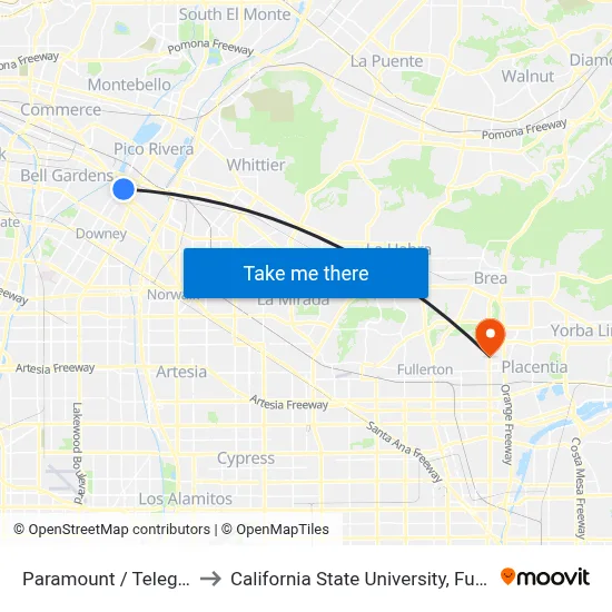 Paramount / Telegraph to California State University, Fullerton map