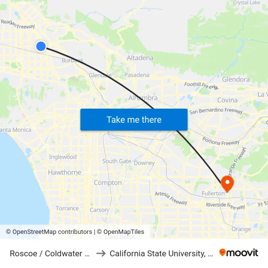 Roscoe / Coldwater Canyon to California State University, Fullerton map