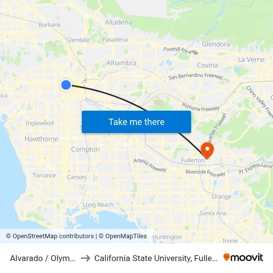 Alvarado / Olympic to California State University, Fullerton map