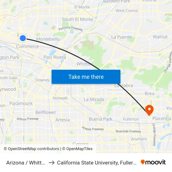 Arizona / Whittier to California State University, Fullerton map