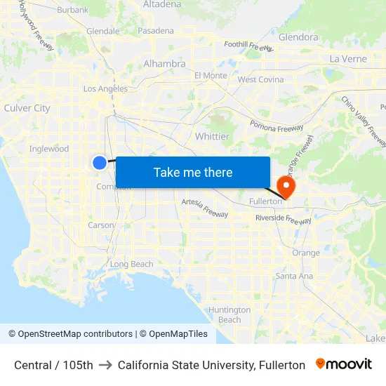 Central / 105th to California State University, Fullerton map