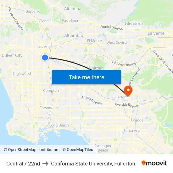 Central / 22nd to California State University, Fullerton map