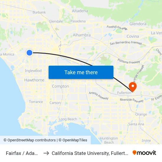 Fairfax / Adams to California State University, Fullerton map
