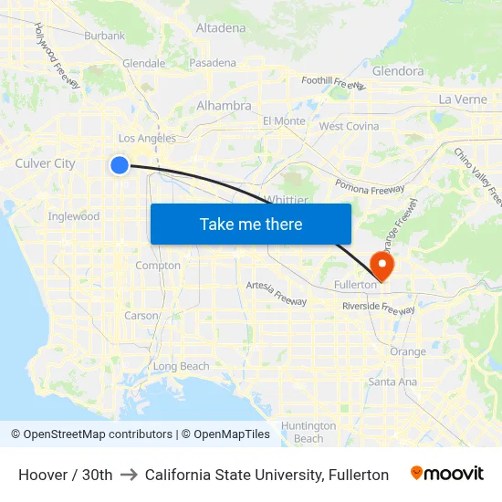 Hoover / 30th to California State University, Fullerton map