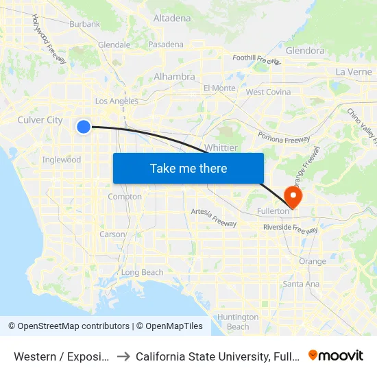 Western / Exposition to California State University, Fullerton map