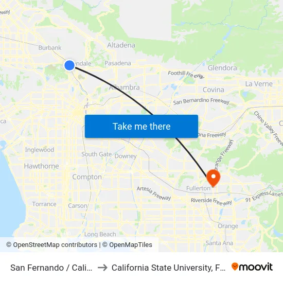 San Fernando / California to California State University, Fullerton map