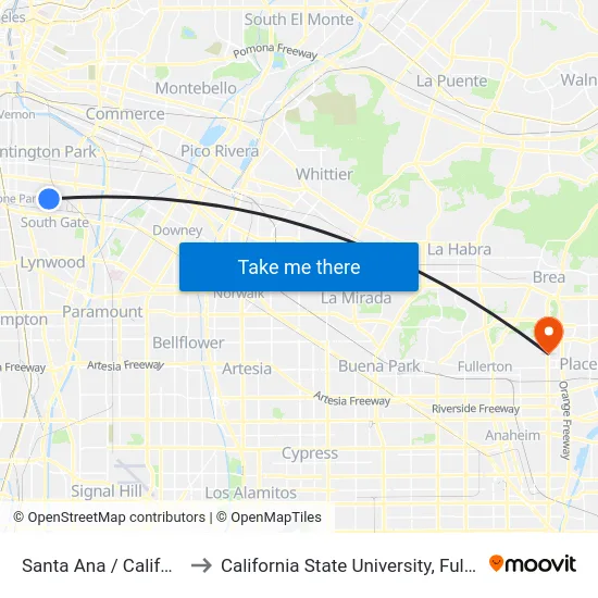 Santa Ana / California to California State University, Fullerton map
