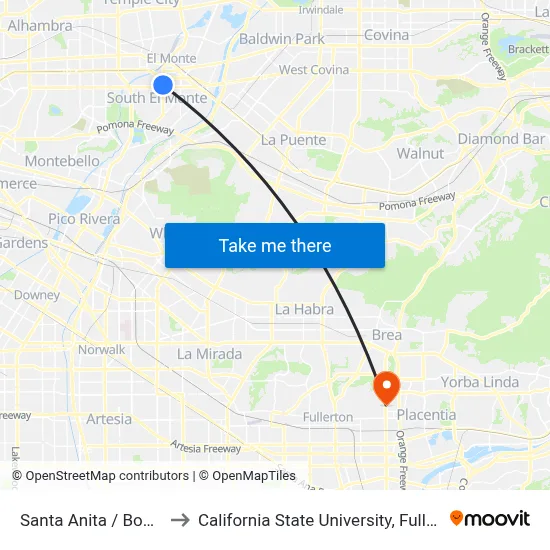 Santa Anita / Bodger to California State University, Fullerton map
