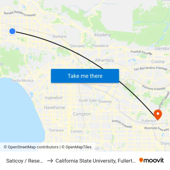 Saticoy / Reseda to California State University, Fullerton map