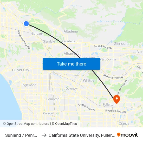 Sunland / Penrose to California State University, Fullerton map