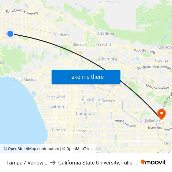 Tampa / Vanowen to California State University, Fullerton map