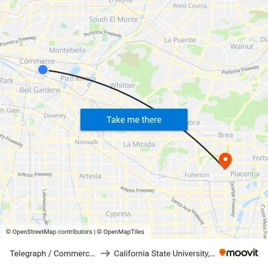 Telegraph / Commerce Casino to California State University, Fullerton map