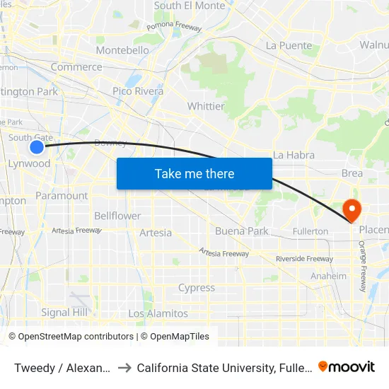 Tweedy / Alexander to California State University, Fullerton map