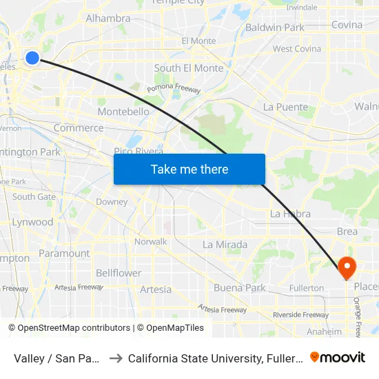 Valley / San Pablo to California State University, Fullerton map