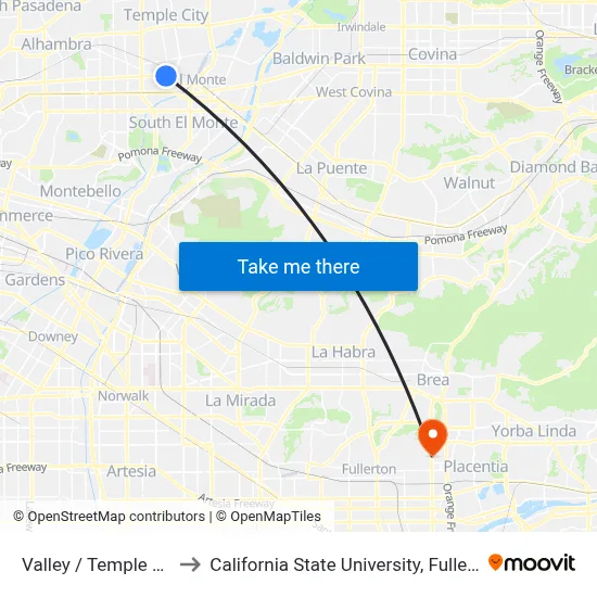 Valley / Temple City to California State University, Fullerton map