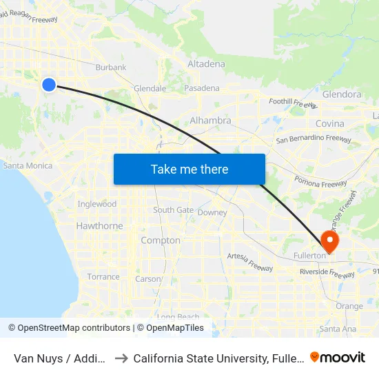 Van Nuys / Addison to California State University, Fullerton map