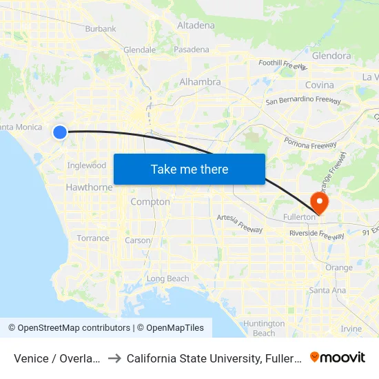 Venice / Overland to California State University, Fullerton map