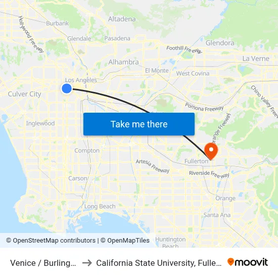 Venice / Burlington to California State University, Fullerton map