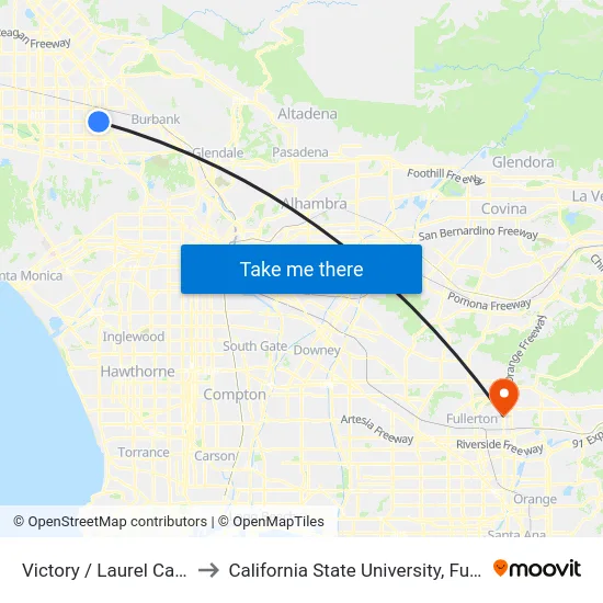 Victory / Laurel Canyon to California State University, Fullerton map