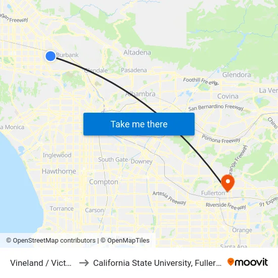 Vineland / Victory to California State University, Fullerton map