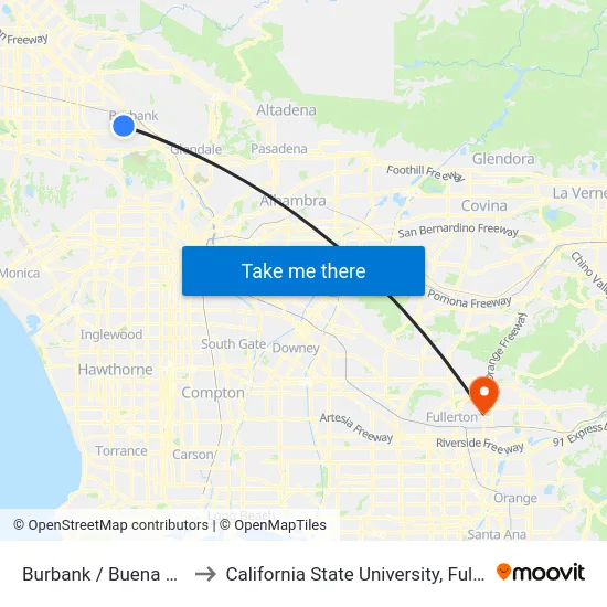 Burbank / Buena Vista to California State University, Fullerton map
