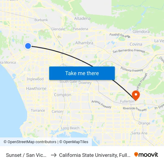 Sunset / San Vicente to California State University, Fullerton map