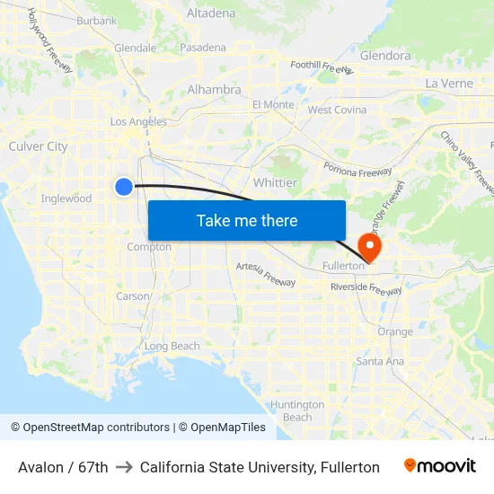 Avalon / 67th to California State University, Fullerton map