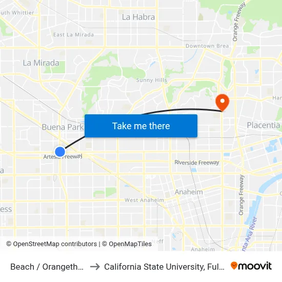Beach / Orangethorpe to California State University, Fullerton map