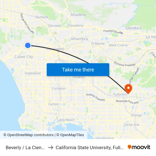 Beverly / La Cienega to California State University, Fullerton map