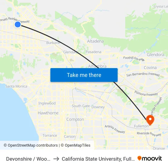 Devonshire / Woodley to California State University, Fullerton map
