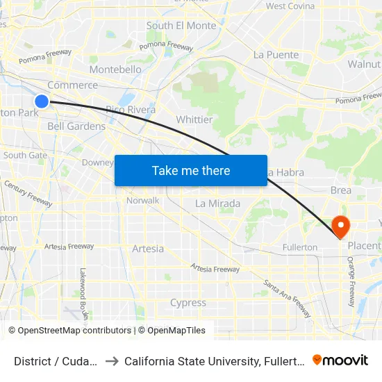District / Cudahy to California State University, Fullerton map