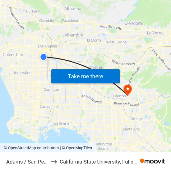 Adams / San Pedro to California State University, Fullerton map