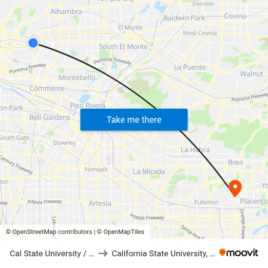 Cal State University / Eastern to California State University, Fullerton map