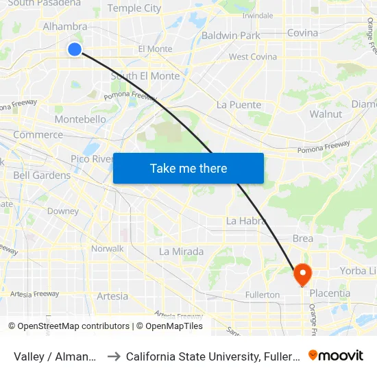Valley / Almansor to California State University, Fullerton map