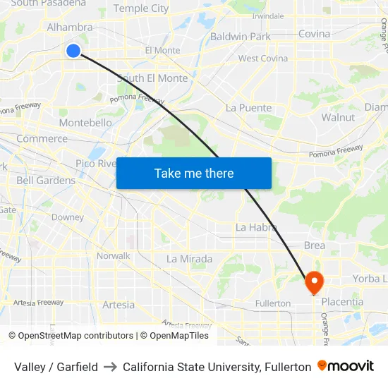 Valley / Garfield to California State University, Fullerton map
