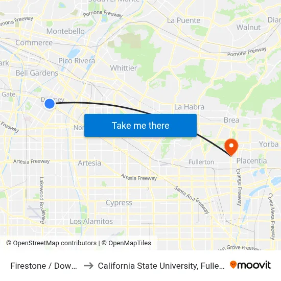 Firestone / Downey to California State University, Fullerton map