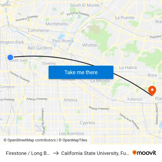 Firestone / Long Beach to California State University, Fullerton map