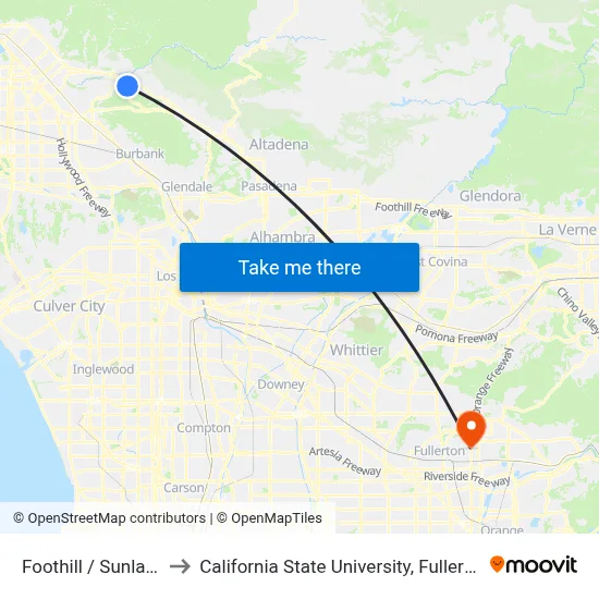 Foothill / Sunland to California State University, Fullerton map