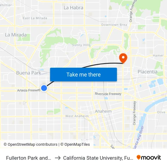 Fullerton Park and Ride to California State University, Fullerton map