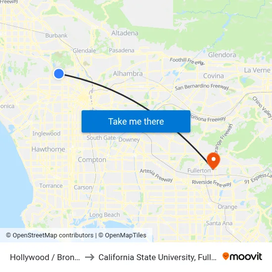 Hollywood / Bronson to California State University, Fullerton map