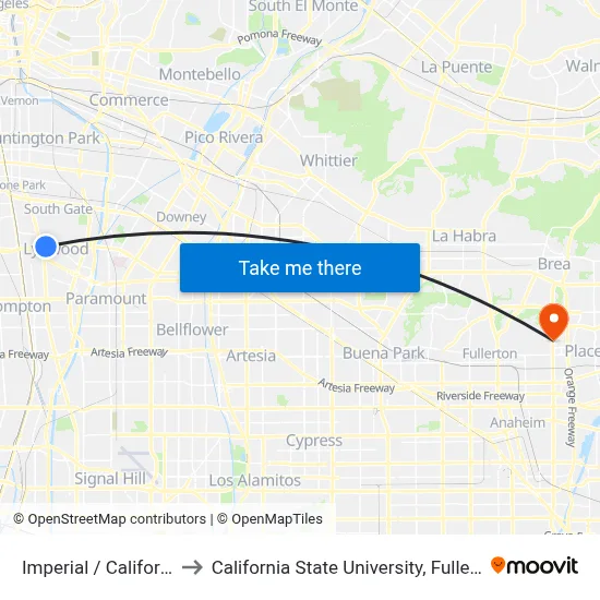 Imperial / California to California State University, Fullerton map