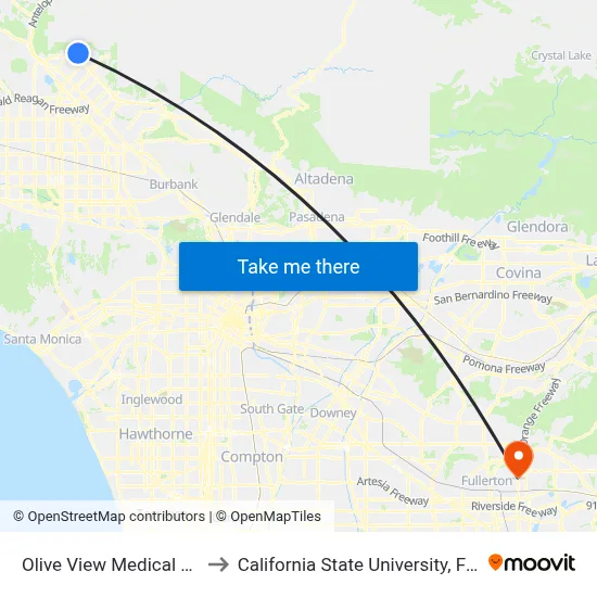 Olive View Medical Center to California State University, Fullerton map