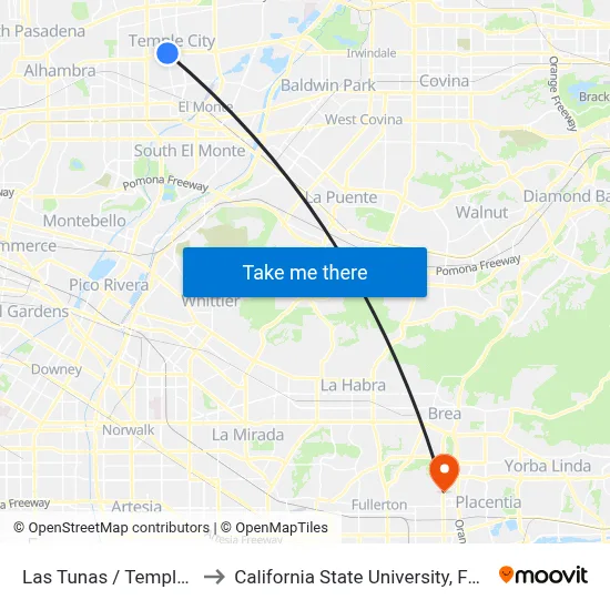 Las Tunas / Temple City to California State University, Fullerton map