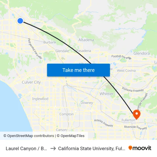 Laurel Canyon / Brand to California State University, Fullerton map